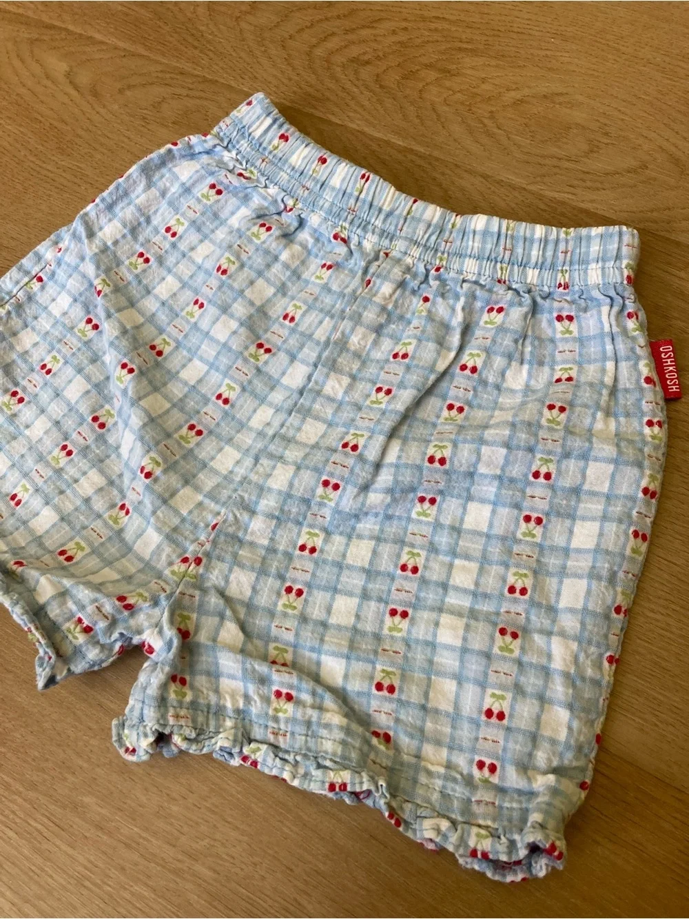 Vintage OshKosh Light Blue Gingham Shorts with Red Cherry Print